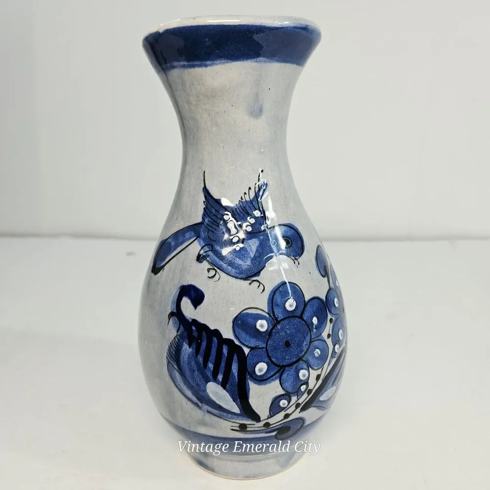 Vtg Tonalá Mexico Pottery Vase Signed AJM Hand-Painted Blue Bird Folk Art